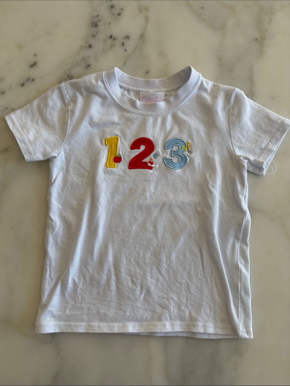 White Short-Sleeve Kids Tee with Colorful 1-2-3 Appliqué